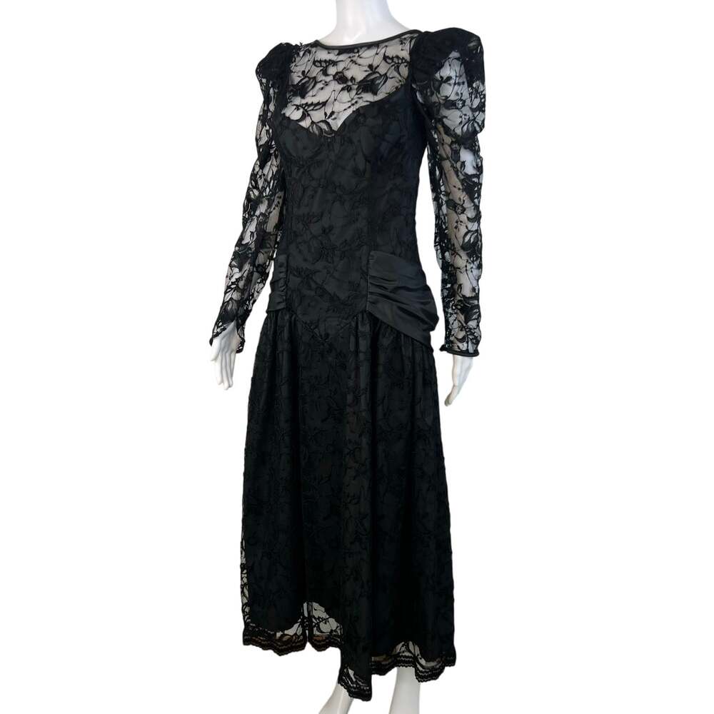 Vintage Black High Neck Drop Waist Long Sleeve Open Back Gothic Midi Dress (M)